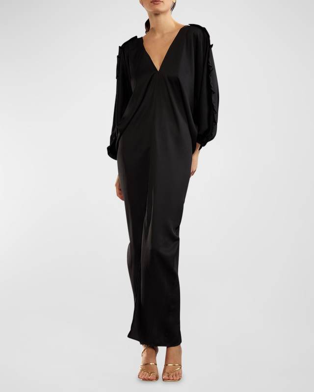 Blouson-Sleeve Ruffle-Trim Caftan